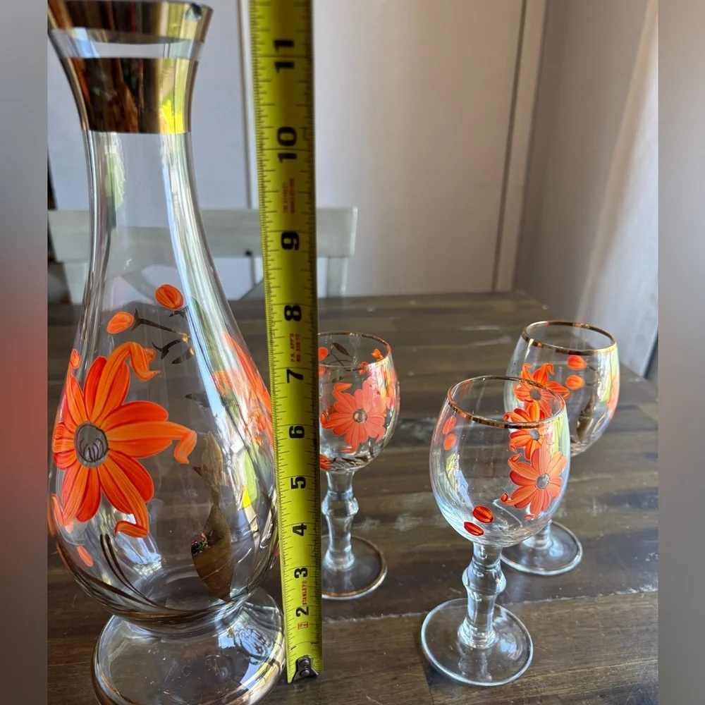 MCM Decanter Set Orange & Gold Gilded Striped Cordial Glass Hand Painted Floral - Picture 7 of 11